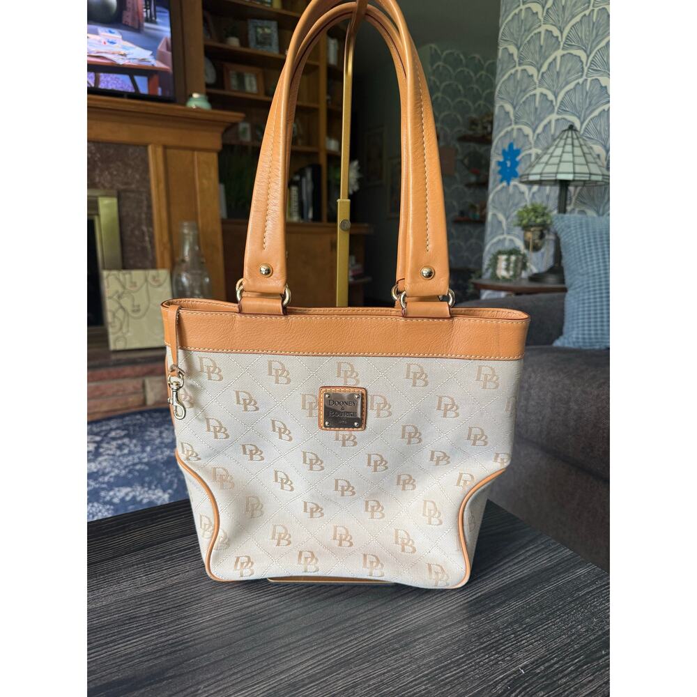 Vintage Dooney & Bourke Beige Brown Logo Top Handle Tote Bag